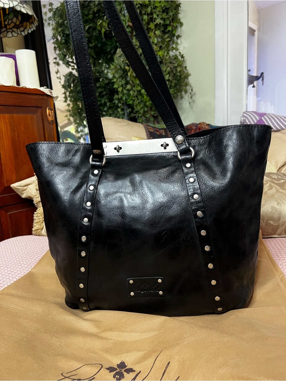 Patricia Nash Benvenuto Black Distressed Leather Studded Tote Bag